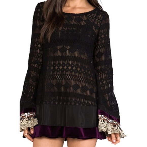 RARE Free People Black Lace Tie Dyed Velvet Sequin Bell Sleeve Tunic Mini Dress - Picture 7 of 16